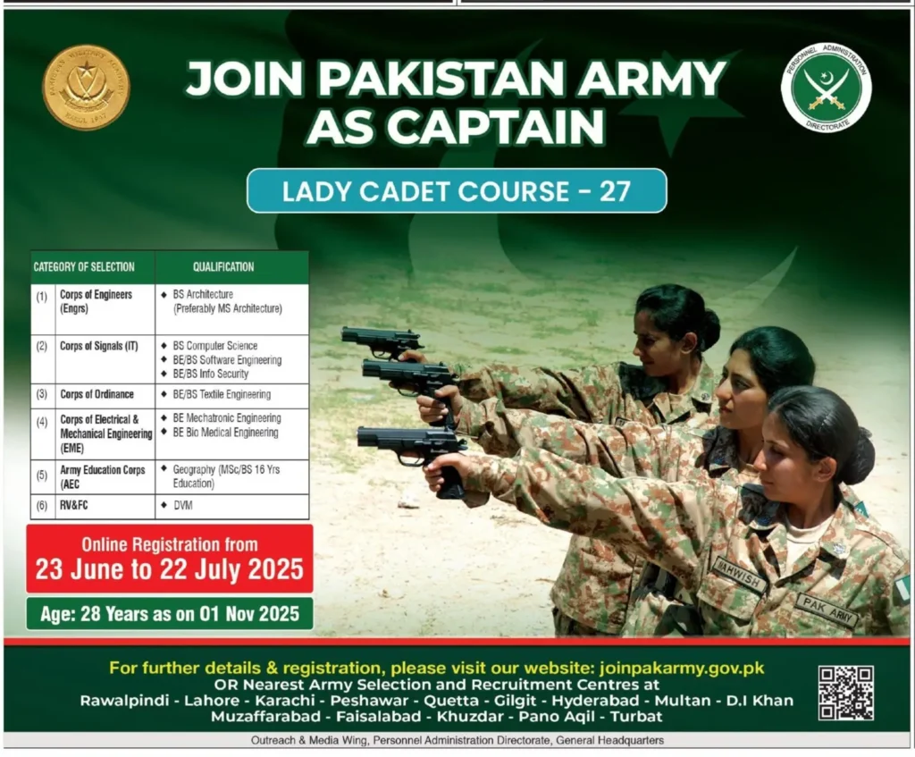 Pak Army Join Lady Captain Jobs 2025 Online Apply
